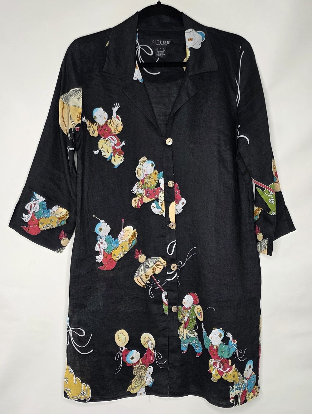 Citron 100% LINEN Tunic Dress Size M Button Front Asian Print 3/4 Sleeve Artsy